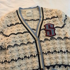 Sandro Cream Knit Cardigan with Navy and Light Blue Trim